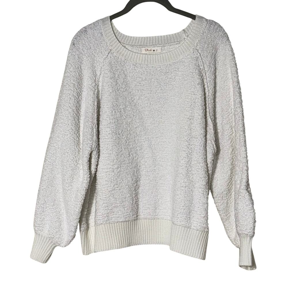 Blush J White Bubble Sleeve Chunky Cozy Sweater Womens Medium Large Popcorn Knit